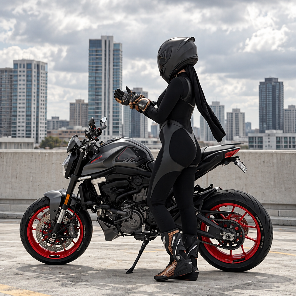 A person in a black full-body riding suit and helmet stands beside a black motorcycle with red wheel accents on a rooftop, with a city skyline and cloudy sky in the background.