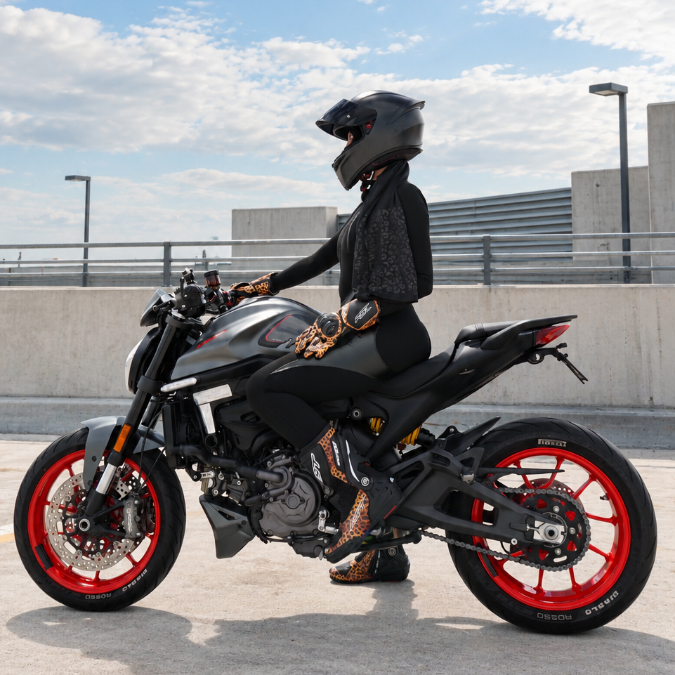 A person in full black riding gear and a helmet sits on a black sport motorcycle with bright red wheel rims, photographed outdoors on a concrete surface under a blue sky with clouds.
